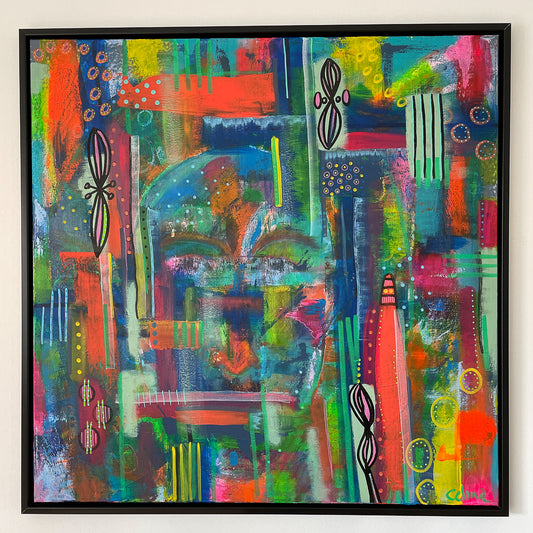 Spændende maleri med et ansigt i baggrunden