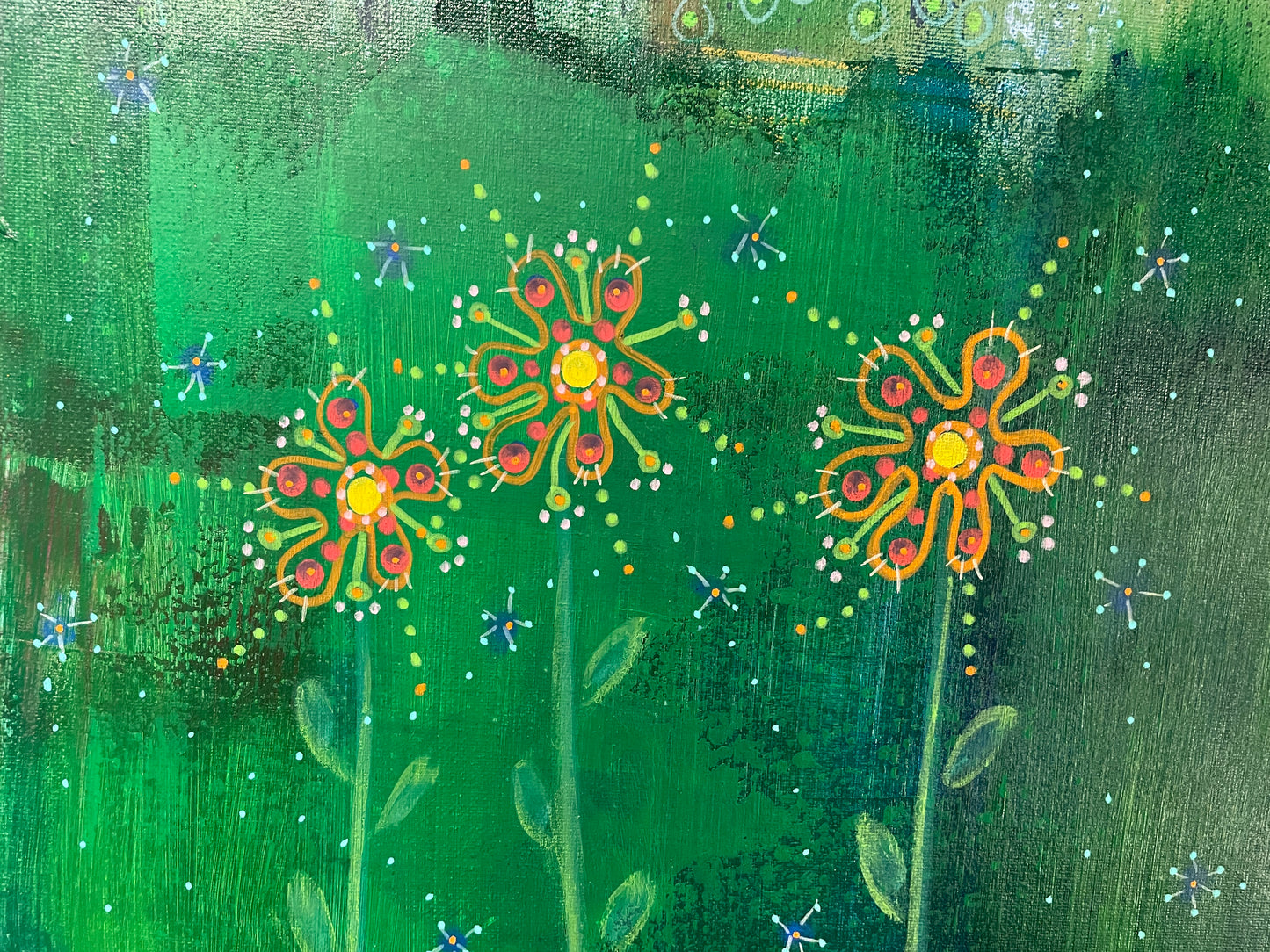 Stort, farverigt maleri. Abstrakt med blomster