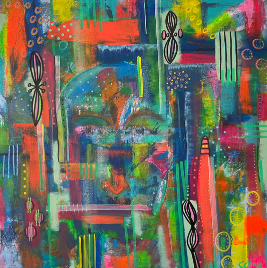 Spændende maleri med et ansigt i baggrunden