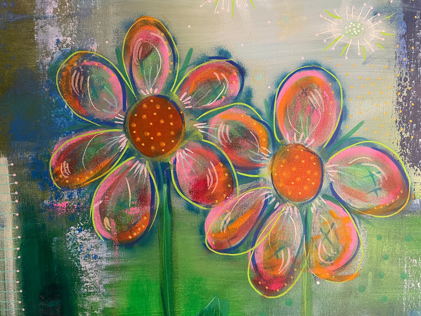 Stort, farverigt maleri. Abstrakt med blomster